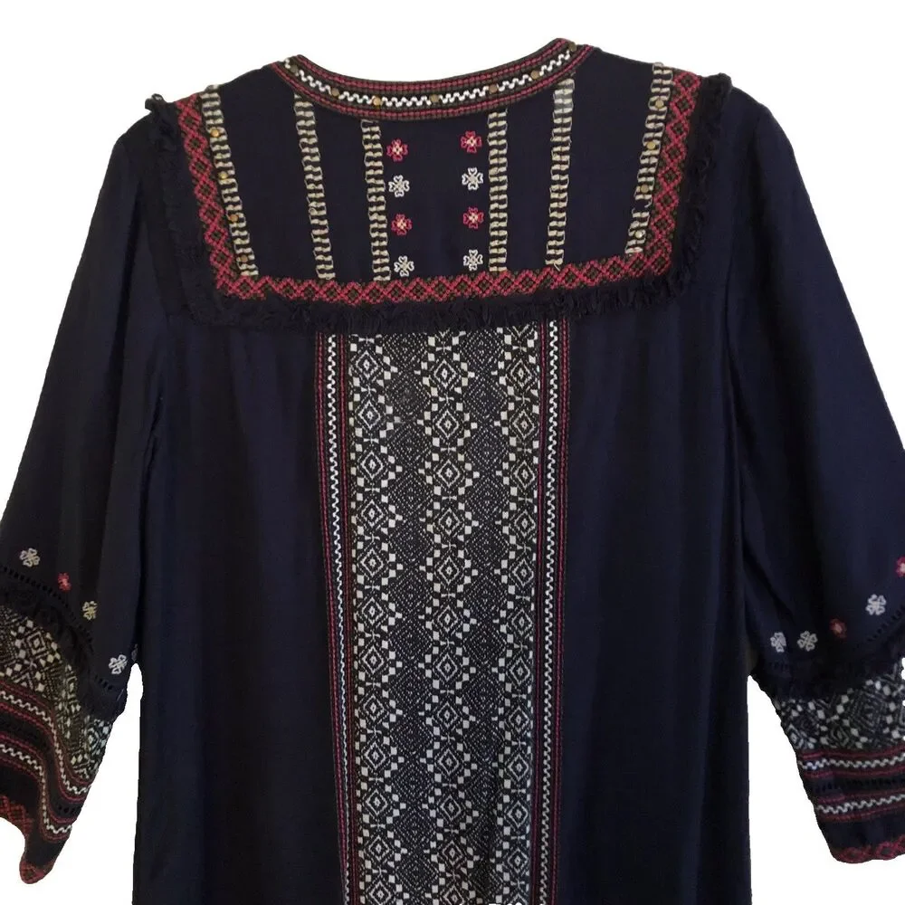 Anthropologie Akemi + Kin Tessa Dress Womens Sz 8 Navy Embroided Boho Festival